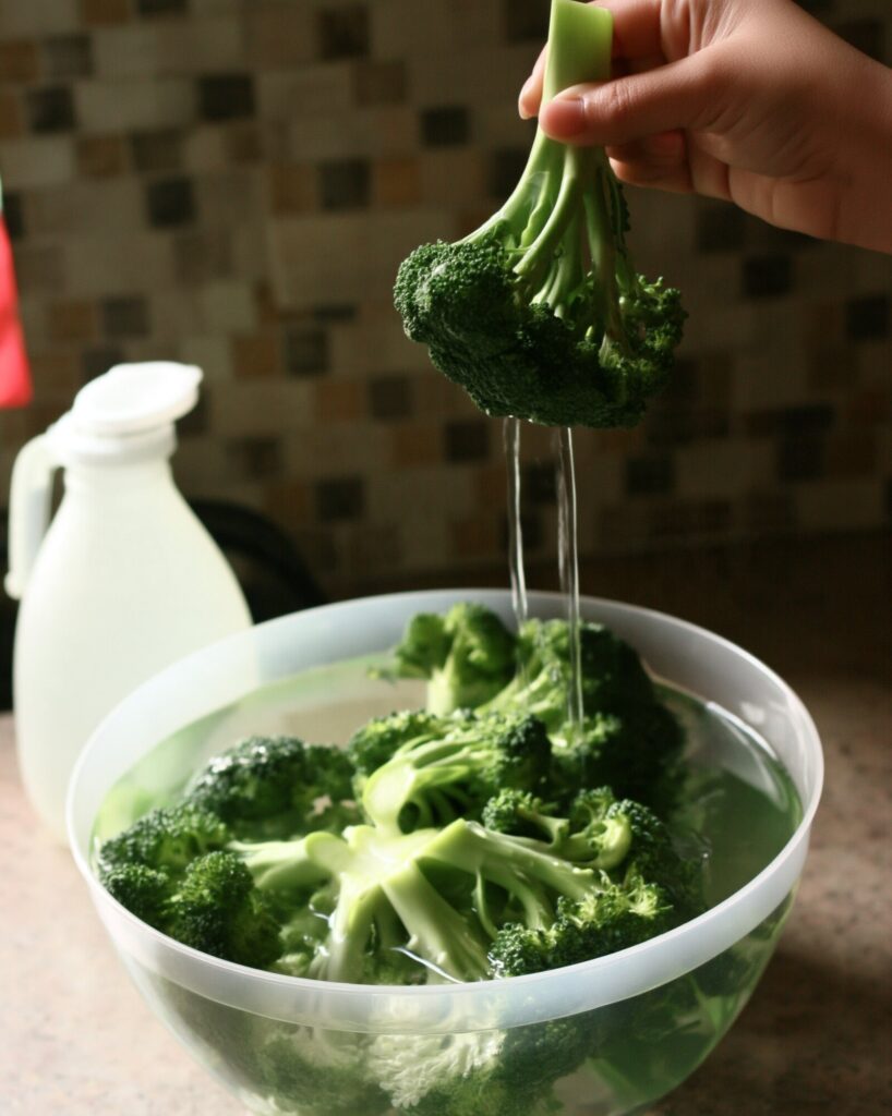 A hand lifting a broccoli crown out of a clear bowl of water and vinegar, water dripping off, with a jug of vinegar beside it
