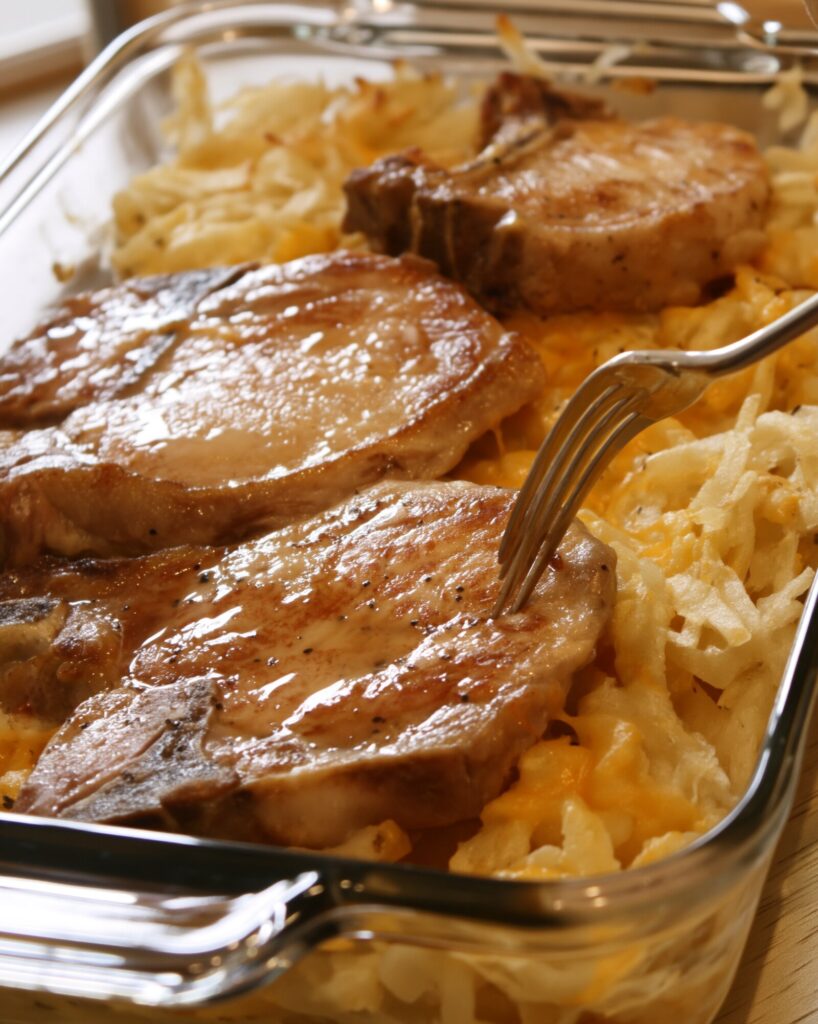 Seared bone-in pork chops resting on cheesy shredded hashbrowns in a glass baking dish, a fork lifting the edge of one chop